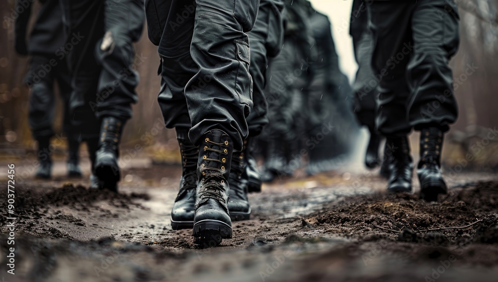 Military Boots Marching on Muddy Path Military Boots Marching on Muddy Path