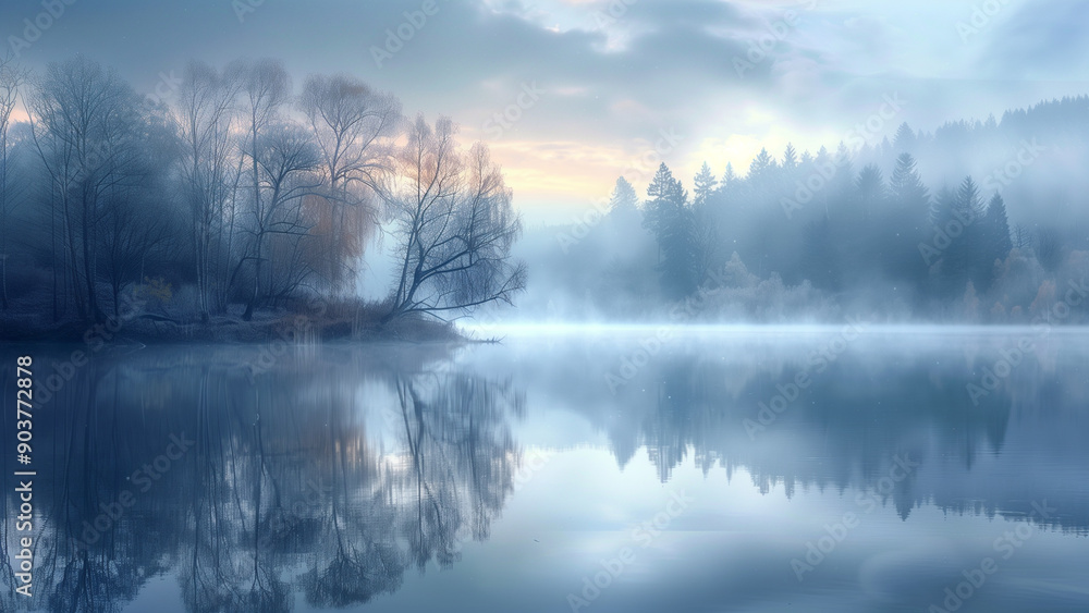 “Pastel Dusk: Misty Lake and Trees in Early Evening “Pastel Dusk: Misty Lake and Trees in Early Evening