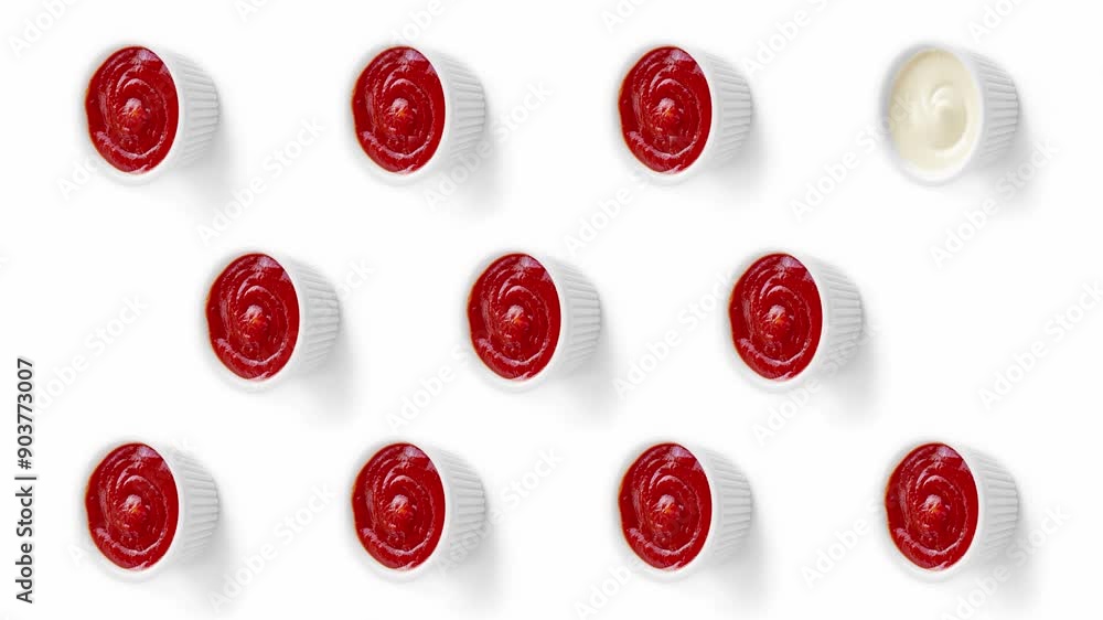 Stop motion animation with small individual containers of mayonnaise and tomato ketchup Changing on white background. Vertical video format Stop motion animation with small individual containers of mayonnaise and tomato ketchup Changing on white background. Vertical video format
