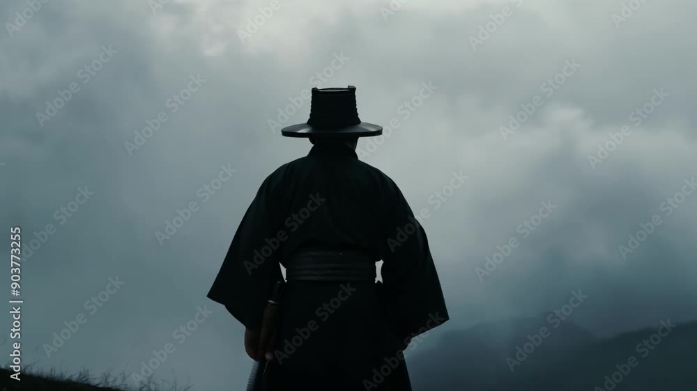 A man in a black robe holding a sword. The man is wearing a hat and a belt. The image has a dark and mysterious mood. A man in a black robe holding a sword. The man is wearing a hat and a belt. The image has a dark and mysterious mood.