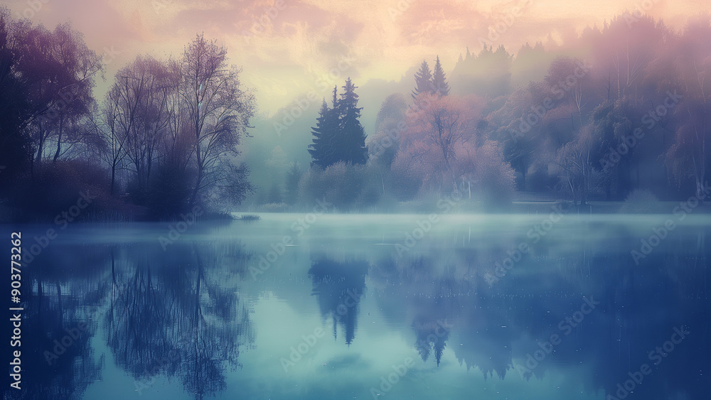 Fototapeta premium Nature’s Palette: Contrast of Pastel Colors in a Misty Evening Landscape