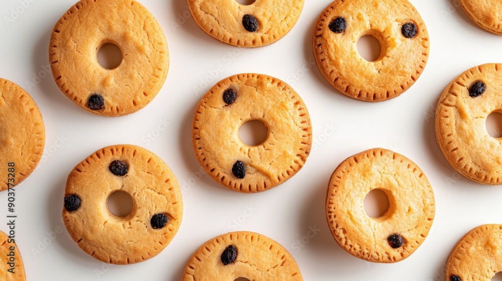 Round biscuits featuring a hole in the center, displayed on a white background, great for highlighting bakery and snack items Round biscuits featuring a hole in the center, displayed on a white background, great for highlighting bakery and snack items
