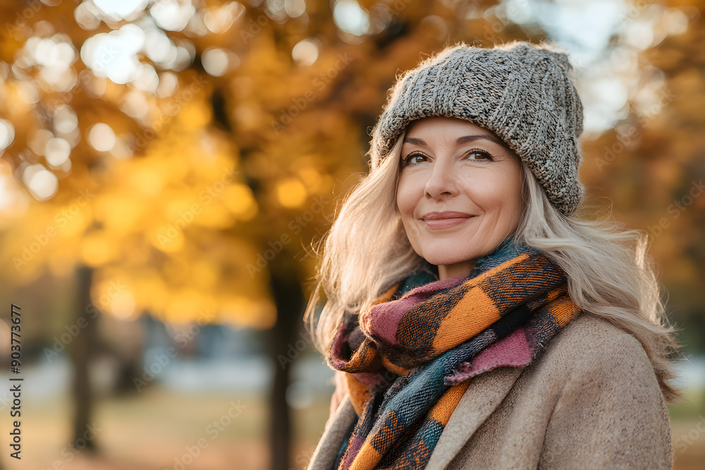 A smiling middle-aged woman with long, wavy blonde hair enjoys a sunny autumn day, wearing a cozy knit hat and a colorful scarf, surrounded by golden leaves in a park A smiling middle-aged woman with long, wavy blonde hair enjoys a sunny autumn day, wearing a cozy knit hat and a colorful scarf, surrounded by golden leaves in a park