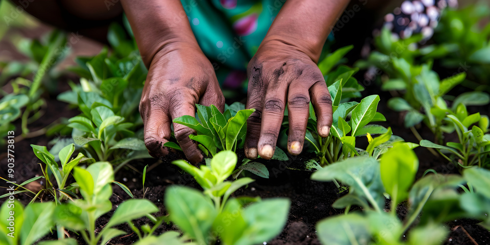 A person tends to young green plants in a garden, showcasing hands that are strong and slightly dirty, reflecting hard work and engagement with nature A person tends to young green plants in a garden, showcasing hands that are strong and slightly dirty, reflecting hard work and engagement with nature