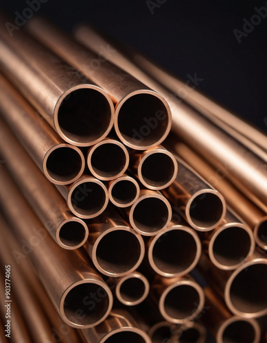 Copper bronze heat exchanger pipes. Heavy non-ferrous metallurgy. Factory industrial production of metal cuprum pipes. Heat exchanger is a technical device in which heat is exchanged between two media