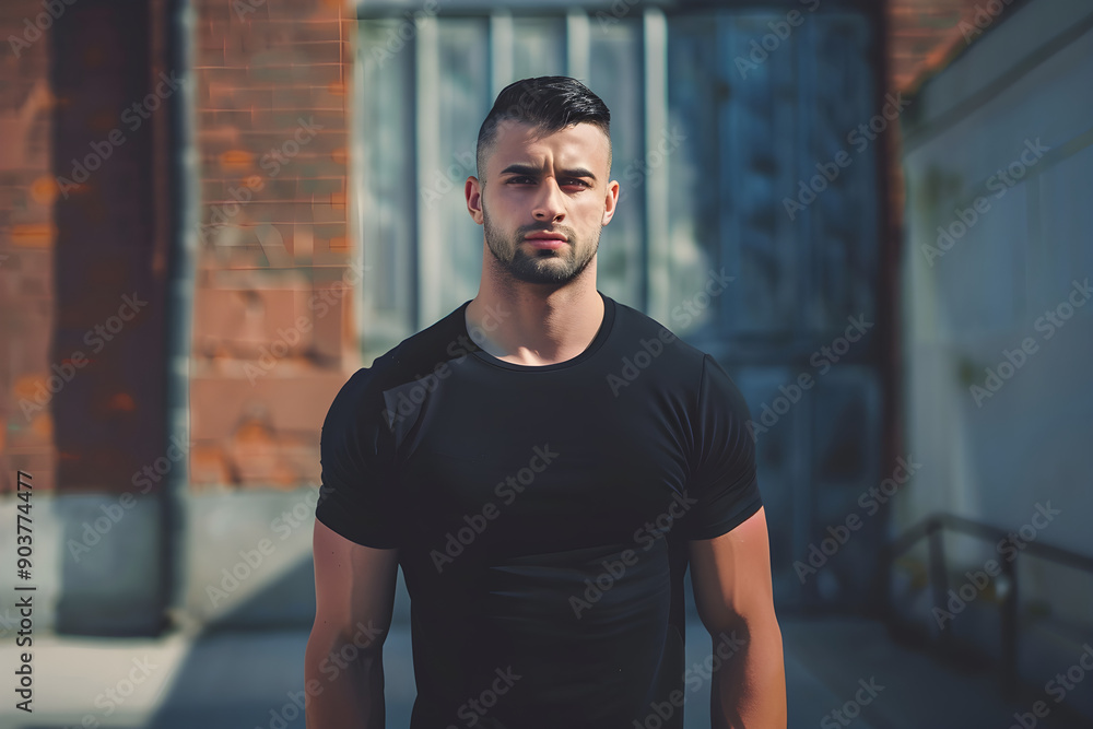 A confident young man in a black t-shirt stands outdoors against a backdrop of a rustic wall and blue doors, showcasing athletic build and intense expression A confident young man in a black t-shirt stands outdoors against a backdrop of a rustic wall and blue doors, showcasing athletic build and intense expression