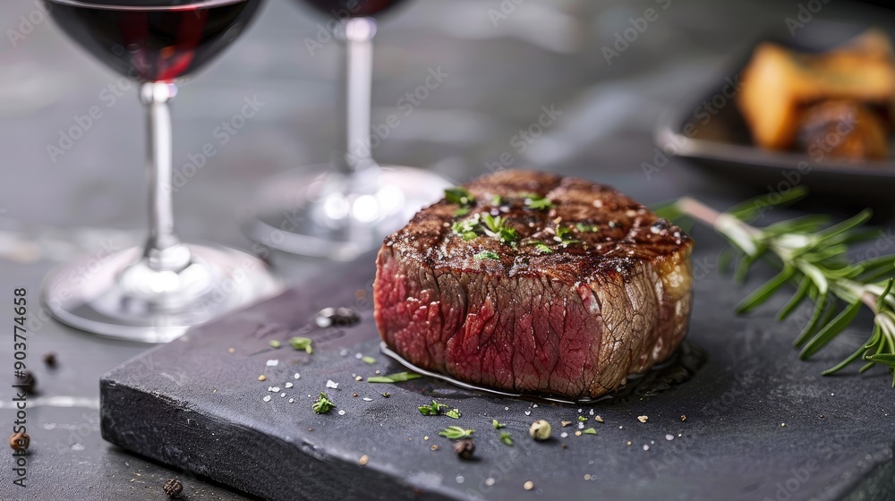 Traditional BBQ Wagyu fillet steak with herbs and a glass of wine on a gray board, captured in close-up for upscale dining imagery Traditional BBQ Wagyu fillet steak with herbs and a glass of wine on a gray board, captured in close-up for upscale dining imagery