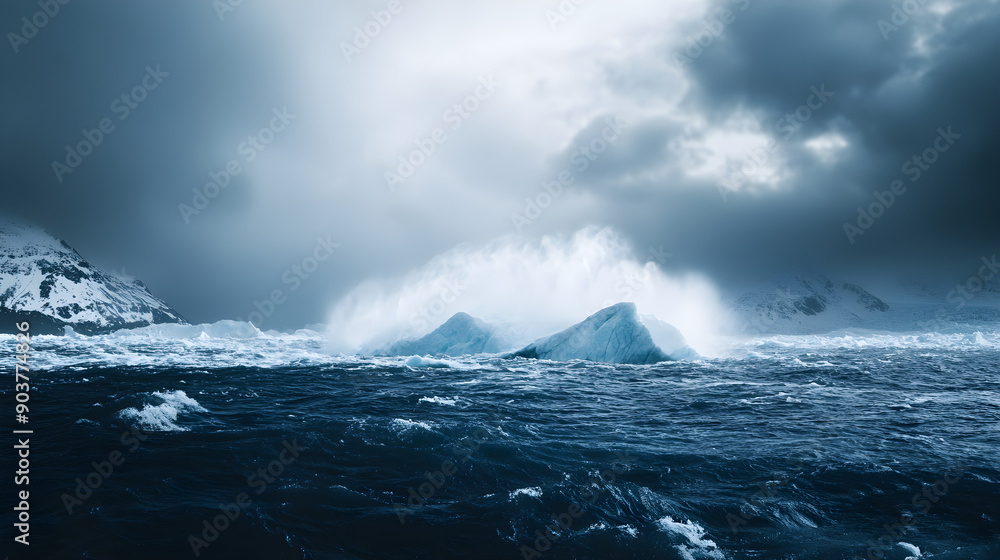 Fototapeta premium Majestic iceberg emerges from turbulent ocean waters under a dramatic, cloudy sky, creating a scene of natural beauty and power in a cold environment