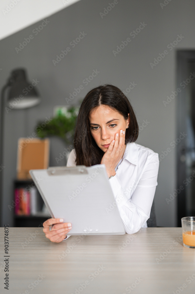 Office worker reading paper documents with focus and concentration Office worker reading paper documents with focus and concentration
