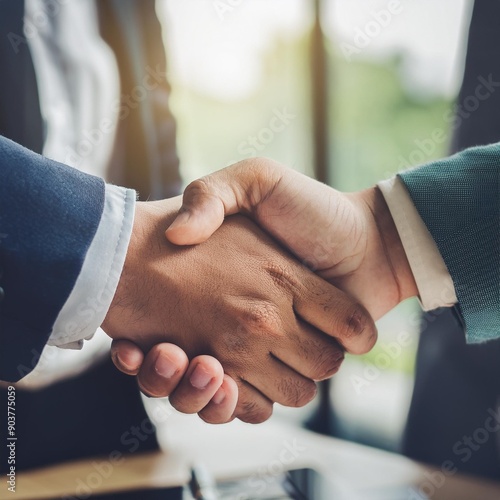 Primer plano de dos hombres de negocios dándose la mano para finalizar un trato profesional en una oficina  photo