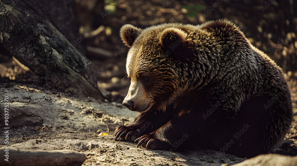 A brown bear rests quietly on the ground, focusing intently with its rounded ears and thick fur glistening in soft sunlight, surrounded by natural earth and blurred greenery A brown bear rests quietly on the ground, focusing intently with its rounded ears and thick fur glistening in soft sunlight, surrounded by natural earth and blurred greenery