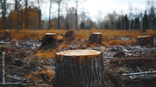 Wallpaper Mural Cut tree stumps are scattered across a deforested area, surrounded by dried grass and fallen branches, reflecting the environmental impact of logging in this autumn landscape Torontodigital.ca