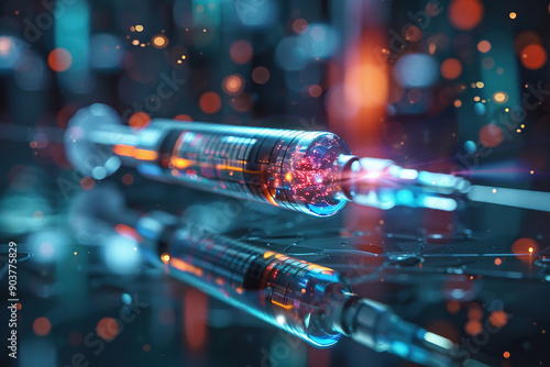 Blurred image of a syringe with a vaccine in neural connections. Generated by artificial intelligence photo