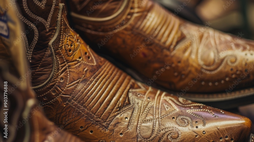 Beautifully crafted cowboy boots adorn a display, showcasing detailed leatherwork and unique designs at a southern artisan market. Beautifully crafted cowboy boots adorn a display, showcasing detailed leatherwork and unique designs at a southern artisan market.