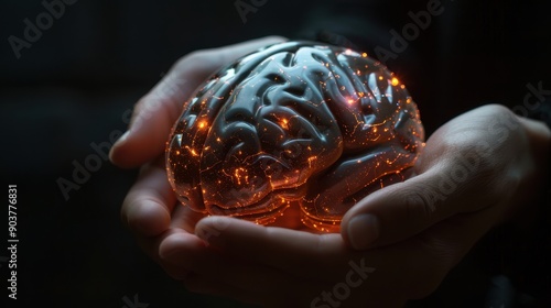 Businessman holding human brain on his hand,3D projection of a human brain,brainstorm and business concept,image of brain in palm, intelligence, psychologist,creativity,business vision concept.