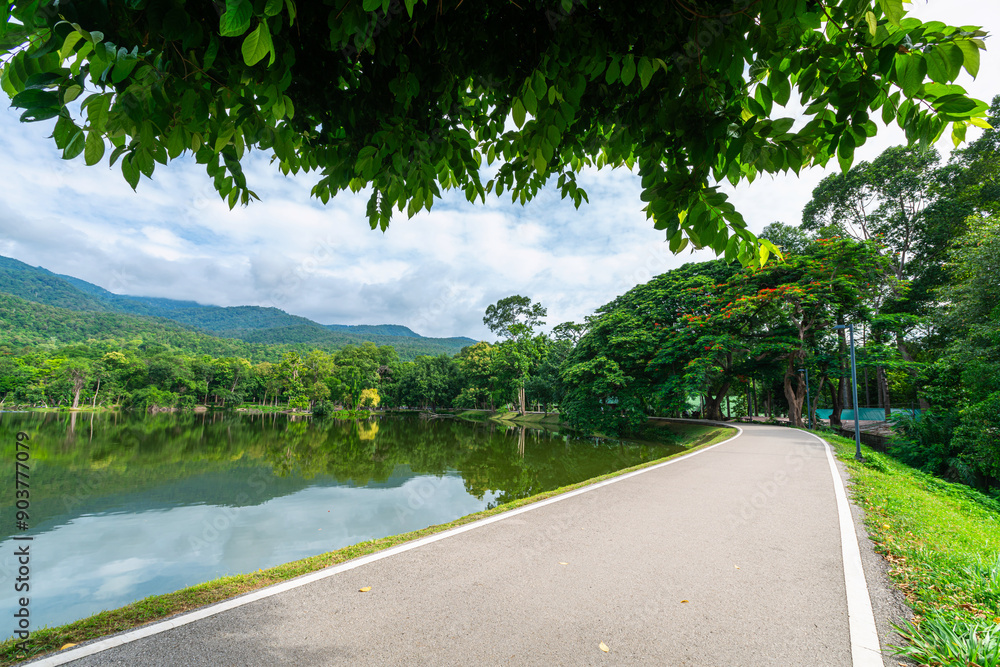 a public place leisure travel landscape lake views at Ang Kaew Chiang Mai University and Doi Suthep nature forest Mountain views spring cloudy sky background with white cloud. a public place leisure travel landscape lake views at Ang Kaew Chiang Mai University and Doi Suthep nature forest Mountain views spring cloudy sky background with white cloud.