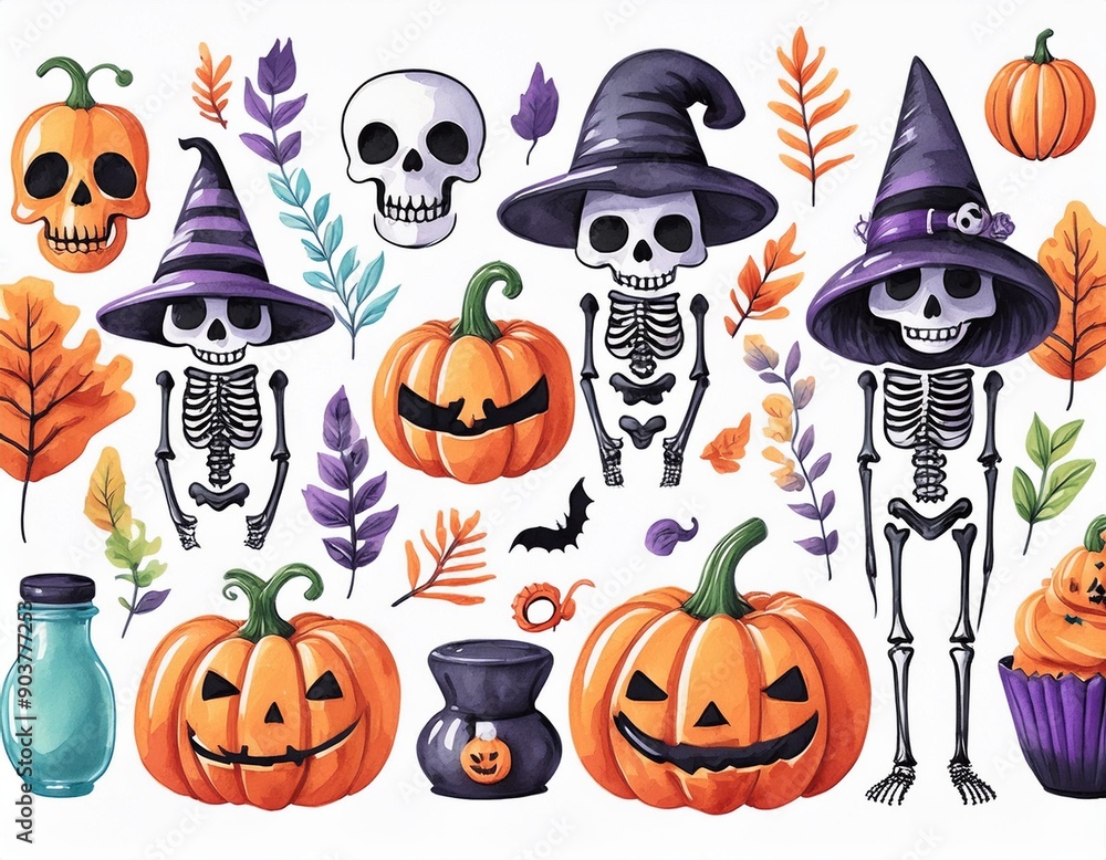 Fototapeta premium Set of cute watercolor Halloween's Day elements. Isolated on white background. Can be used for Halloween's day, greeting cards and invitations. Hand drawn watercolor illustration.
