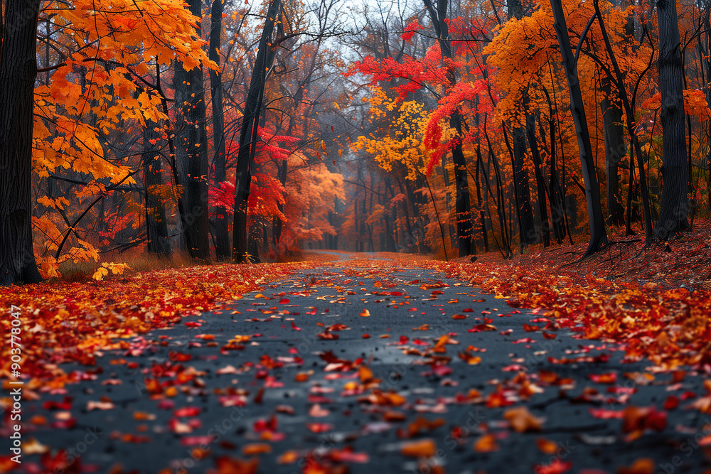 Fototapeta premium Road full of fallen leaves from the trees. Autumn colors.
