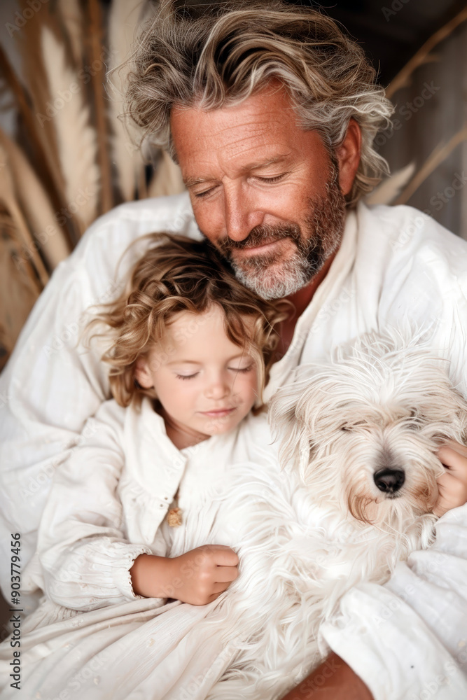 Father, daughter, and dog cuddle outdoors Father, daughter, and dog cuddle outdoors
