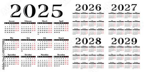 A set calendar templates for a year 2024 - 2029.