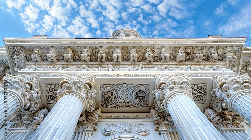Fototapeta premium A stunning low-angle view of a classical architectural facade featuring intricately carved Corinthian columns and detailed decorative elements.