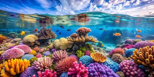 Fototapeta Naklejka Na Ścianę i Meble -  Vibrant Underwater Ecosystem in Sunlit Coral Reef. A stunning view of a colorful coral reef bustling with marine life under the clear blue water illuminated by sunbeams.