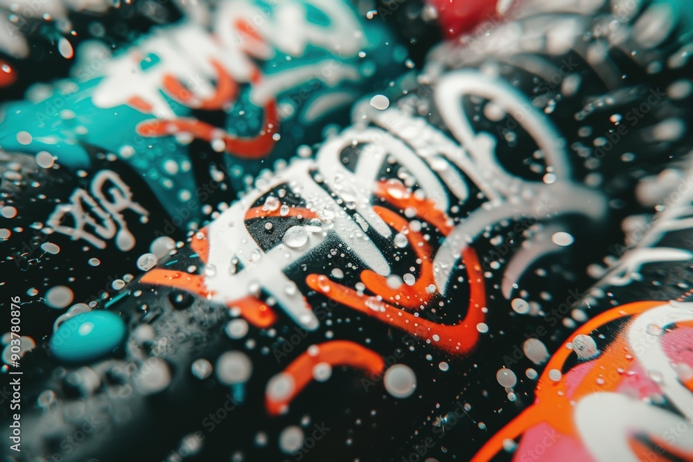 Obraz premium Graffiti covered concrete with water droplets