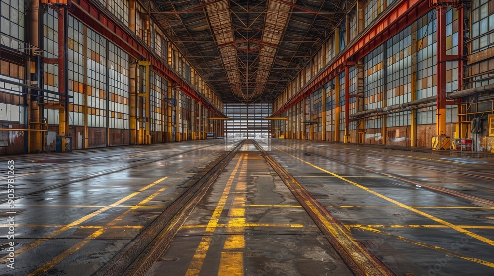 A wide-angle view of an empty industrial warehouse with a vast, spacious interior. The warehouse features large, grid-like windows that allow natural light to flood the space. A wide-angle view of an empty industrial warehouse with a vast, spacious interior. The warehouse features large, grid-like windows that allow natural light to flood the space.