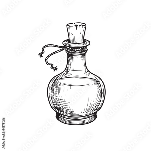 Poison in bottle. Hand drawn sketch line art style. Witchcraft sticker, patch, print or blackwork flash tattoo design. Vector illustration.