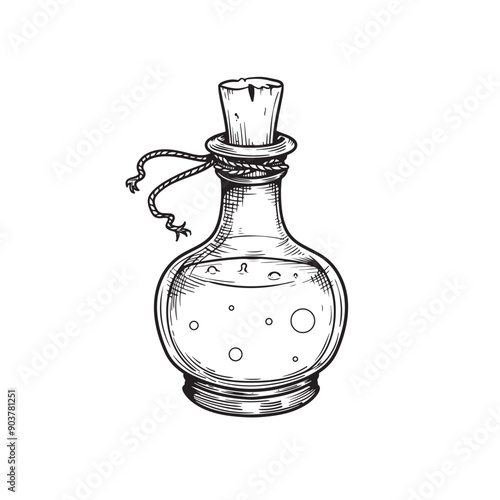 Poison in bottle. Hand drawn sketch line art style. Witchcraft sticker, patch, print or blackwork flash tattoo design. Vector illustration.