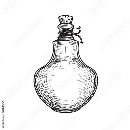Poison in bottle. Hand drawn sketch line art style. Witchcraft sticker, patch, print or blackwork flash tattoo design. Vector illustration.
