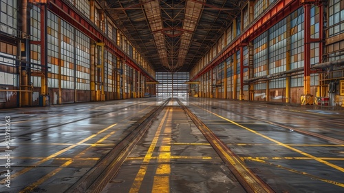 A wide-angle view of an empty industrial warehouse with a vast, spacious interior. The warehouse features large, grid-like windows that allow natural light to flood the space.