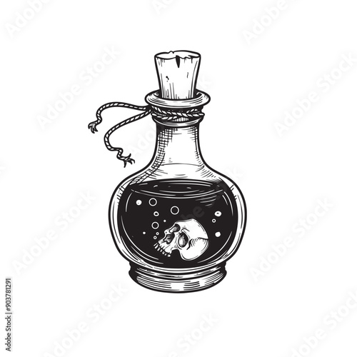 Poison in bottle with floating skull. Hand drawn sketch line art style. Witchcraft sticker, patch, print or blackwork flash tattoo design. Vector illustration.