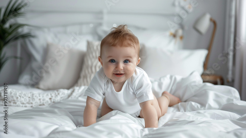 Wallpaper Mural A cute baby, dressed in a classic white shirt bodysuit mockup, crawling playfully on a cozy white bed background. Ai generated Torontodigital.ca