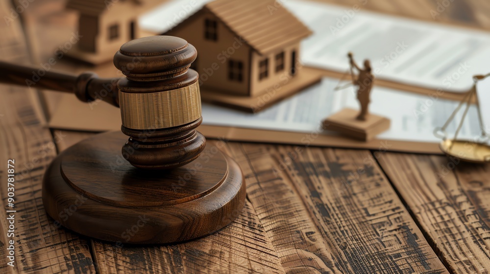 Gavel and Miniature House on Wooden Table. Gavel and Miniature House on Wooden Table.