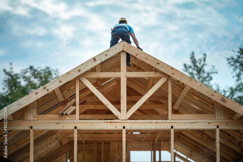 Wallpaper Mural A worker stands on the roof of a house under construction. This photo shows the construction of a house, emphasizing the wooden framing and structure. Torontodigital.ca