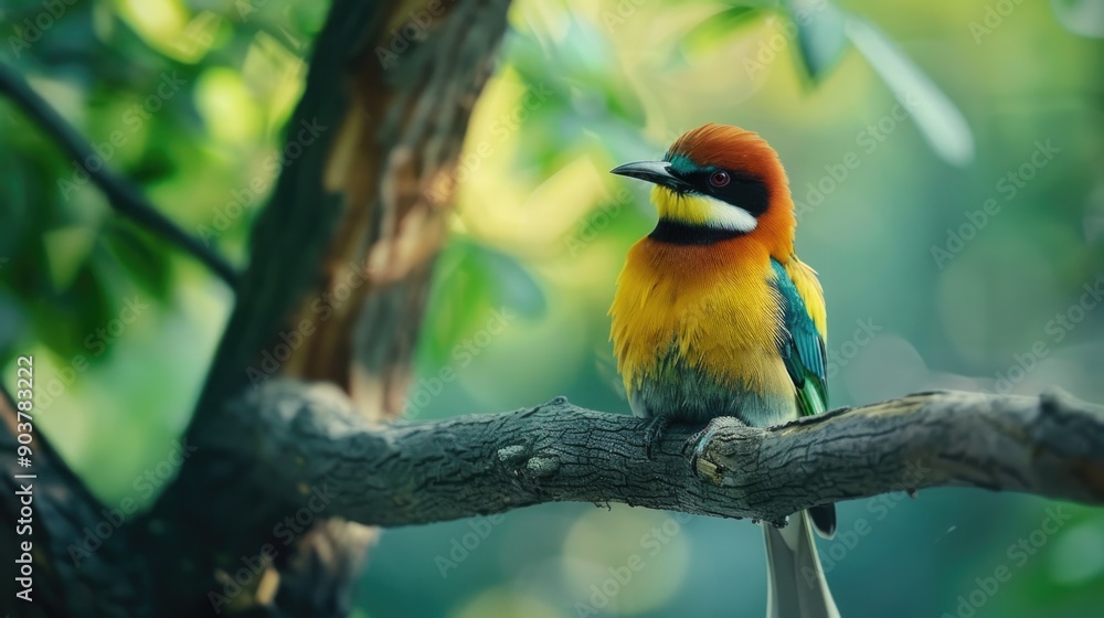 Fototapeta premium A brightly colored bird sits atop a tree branch, surrounded by leaves and branches