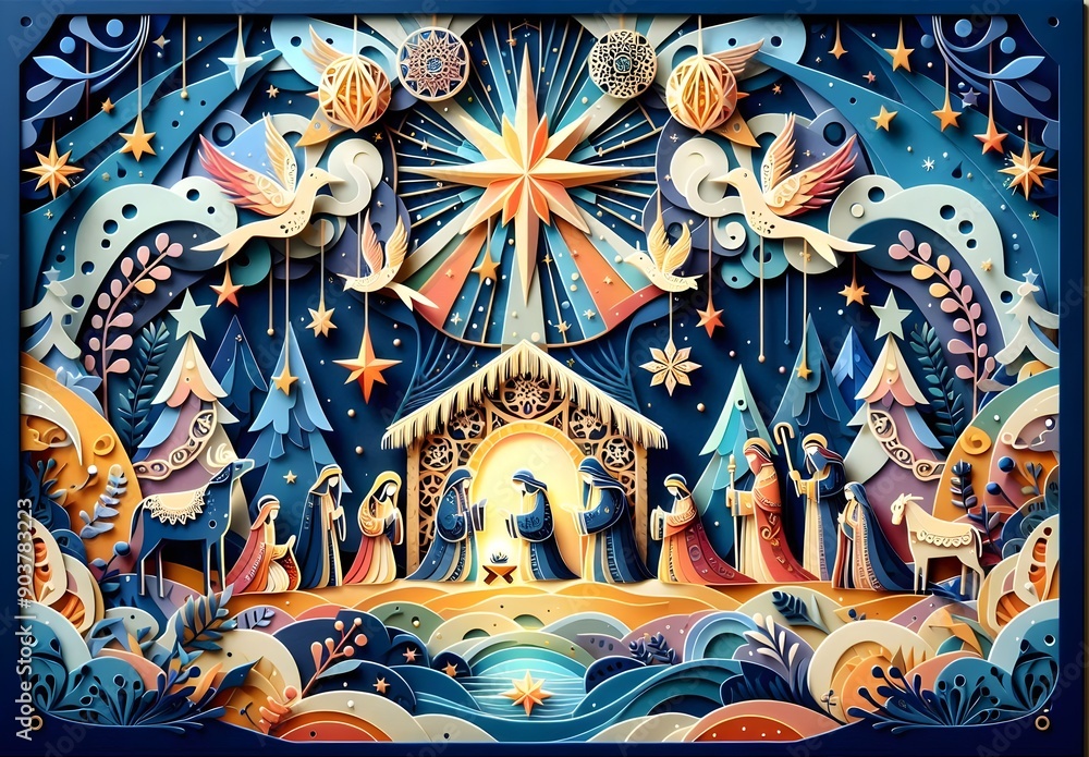 Obraz premium Navidad Infantil en Papercut Fotografía Hiperrealista, Ilustración 3D, Ai