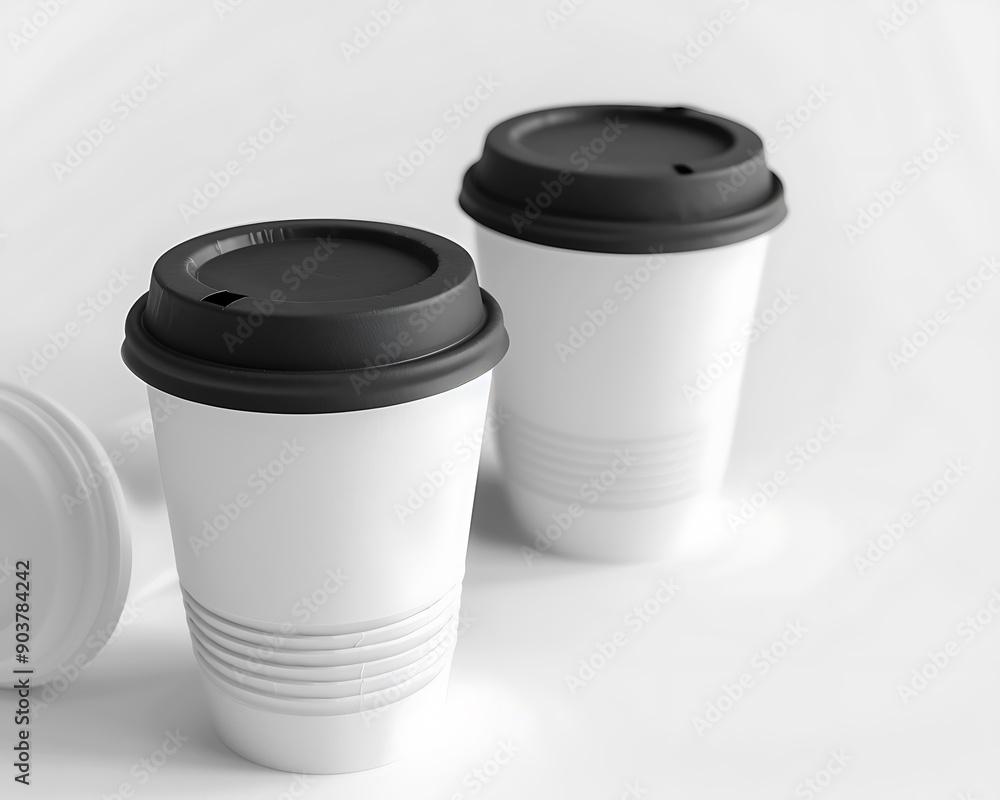Close-up of white and black paper coffee cups with lids, isolated on a white background, ideal for design mockups. Close-up of white and black paper coffee cups with lids, isolated on a white background, ideal for design mockups.