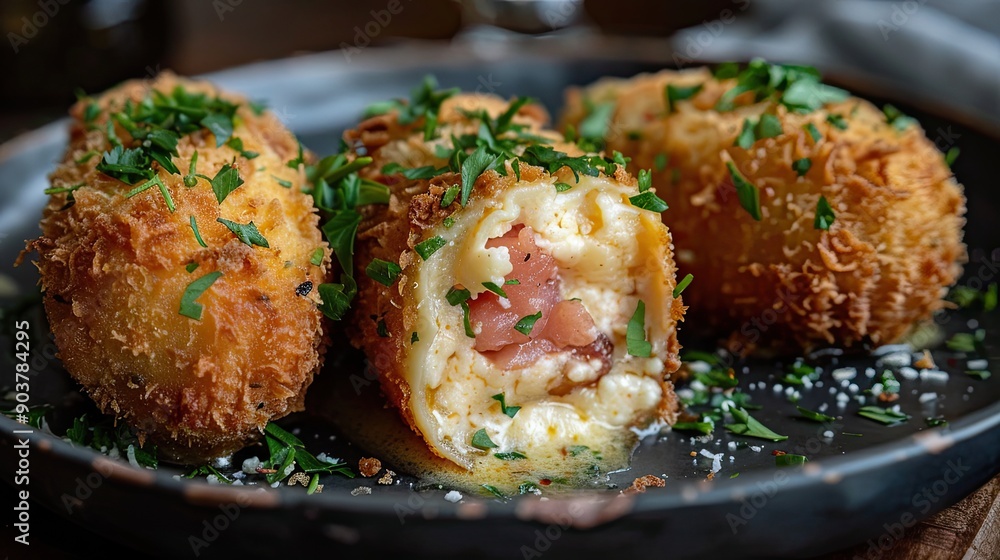 Fried food on a black plate. A delicious appetizer with creamy filling and breaded crust. Fried food on a black plate. A delicious appetizer with creamy filling and breaded crust.