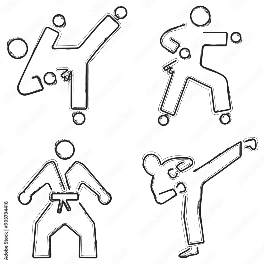 karate icon set, brush strokes on a white background. Vector illustration.