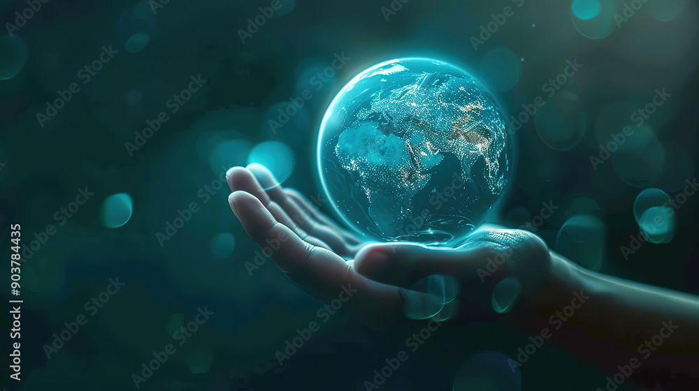 Hand holding blue hologram globe with blue light. Hand holding blue hologram globe with blue light.