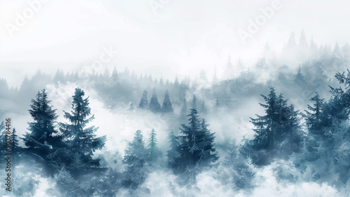 A serene forest landscape in winter, illustrated with watercolor to highlight the fog and gentle light. Ai generated