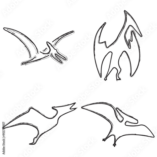 pterodactyl icon set, brush strokes on a white background. Vector illustration.
