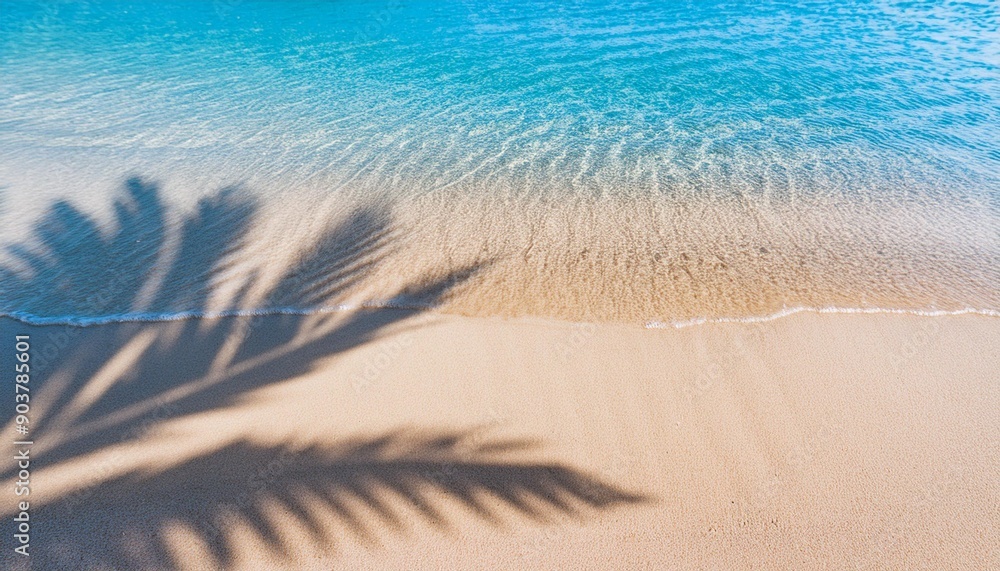 Fondo de playa mar y arena con agua cristalina en la orilla de la playa con la sombra de una palmera en la arena. Viajes y vacaciones playas de ensueño Fondo de playa mar y arena con agua cristalina en la orilla de la playa con la sombra de una palmera en la arena. Viajes y vacaciones playas de ensueño
