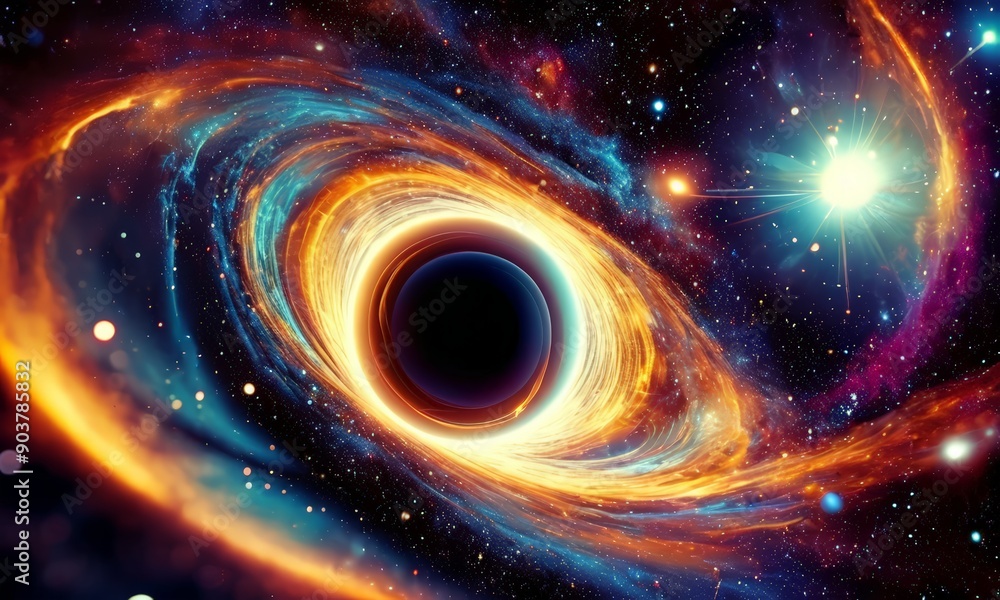 black hole with bright white ring encircles vibrant, swirling cosmic scene, featuring bright star and radiant black hole with bright white ring encircles vibrant, swirling cosmic scene, featuring bright star and radiant