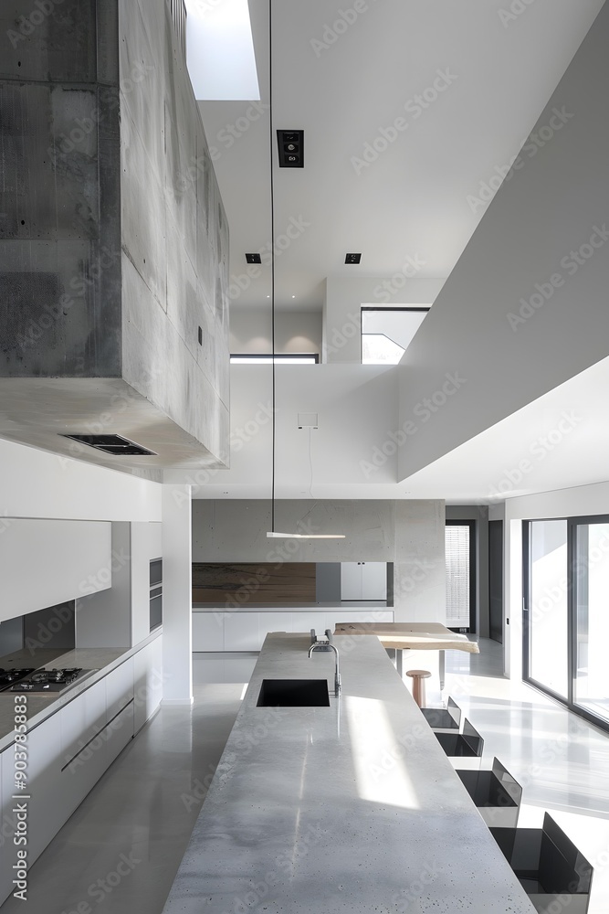 Modern Kitchen Design with Concrete Countertops and Open Floor Plan