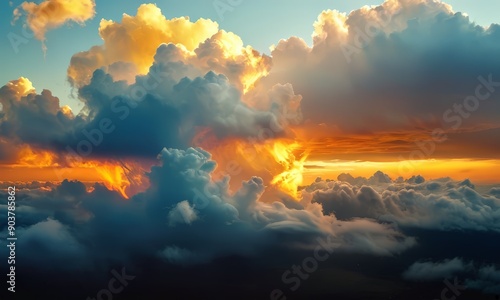 breathtaking sunset casts warm glow over sky filled with vibrant orange and yellow clouds, creating serene © Nipon