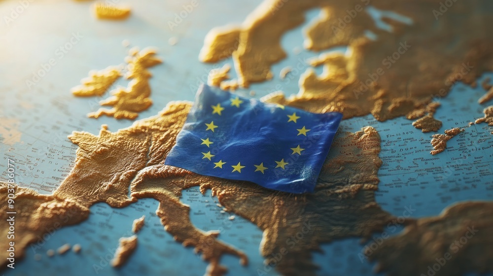European Union flag on the European continent on a world map based on geopolitics. superior quality image European Union flag on the European continent on a world map based on geopolitics. superior quality image