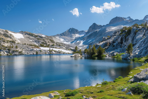 horizontal image of an alpine landscape, with beautiful lake and mountains in the background in a sunny day